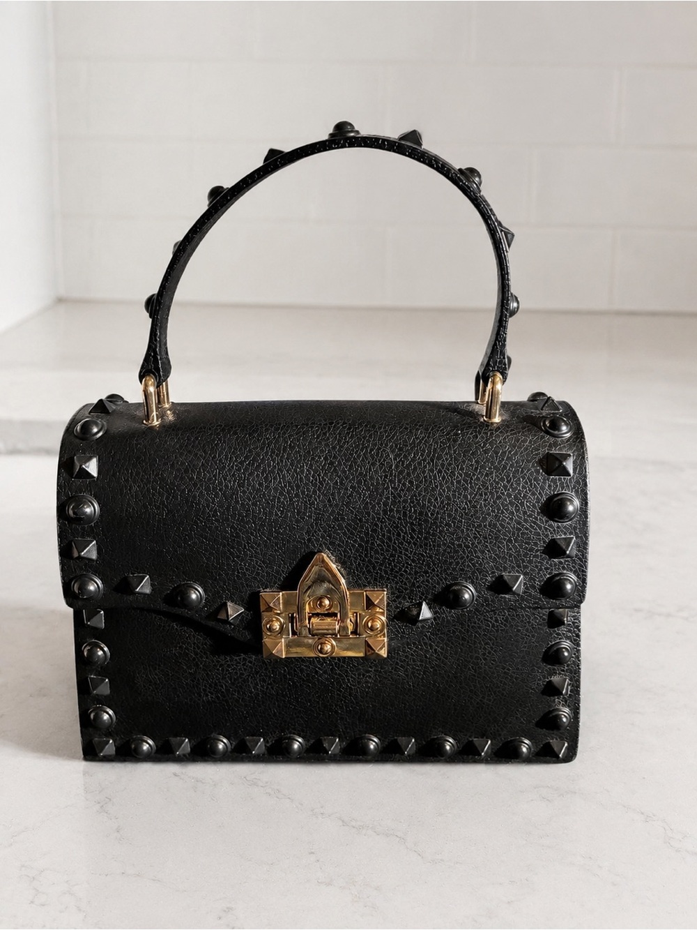 Black Studded Structured Mini Handbag Gold-Tone Clasp